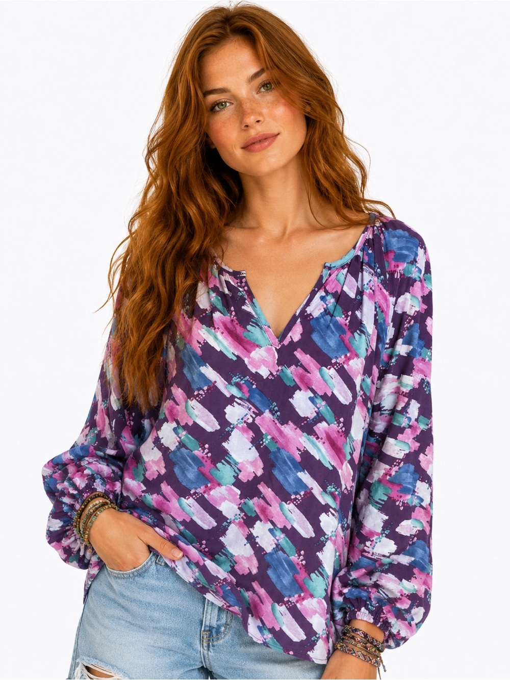 Emily Wonder Abstract Brushstroke Blouse Artsy Teacher Gallery Chic Rayon Top L